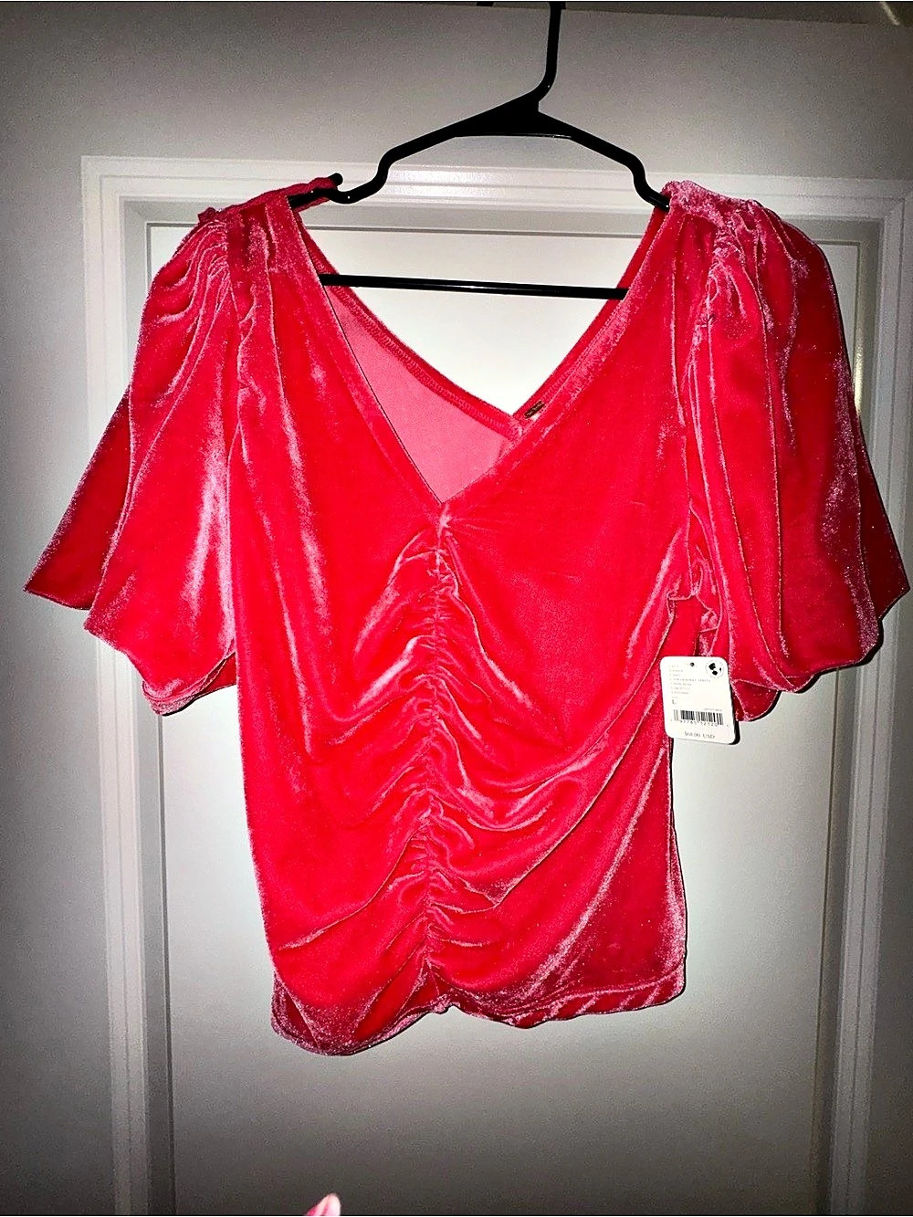 Free people Ruched Velvet Blouse in Pink Size Large NWT
